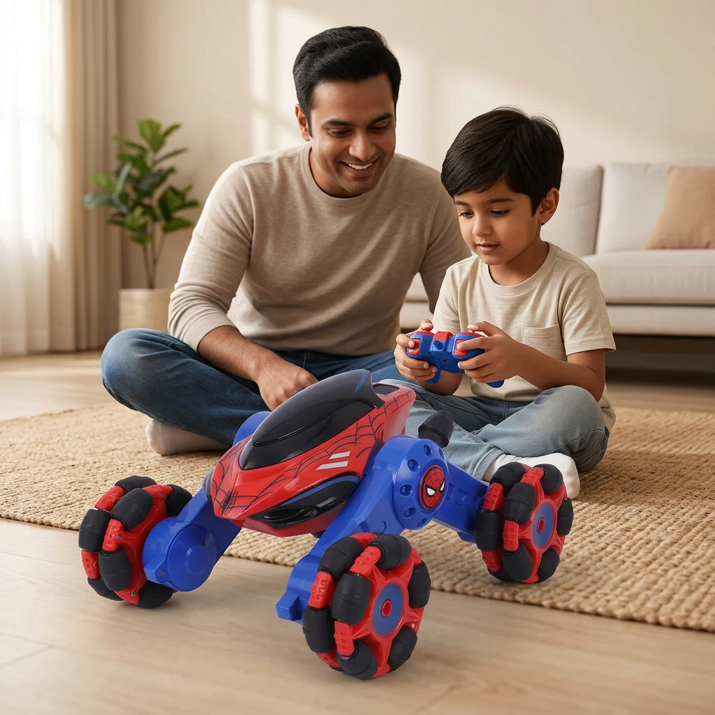 AI-generated parent-and-child Spider-Man RC car playtime illustration