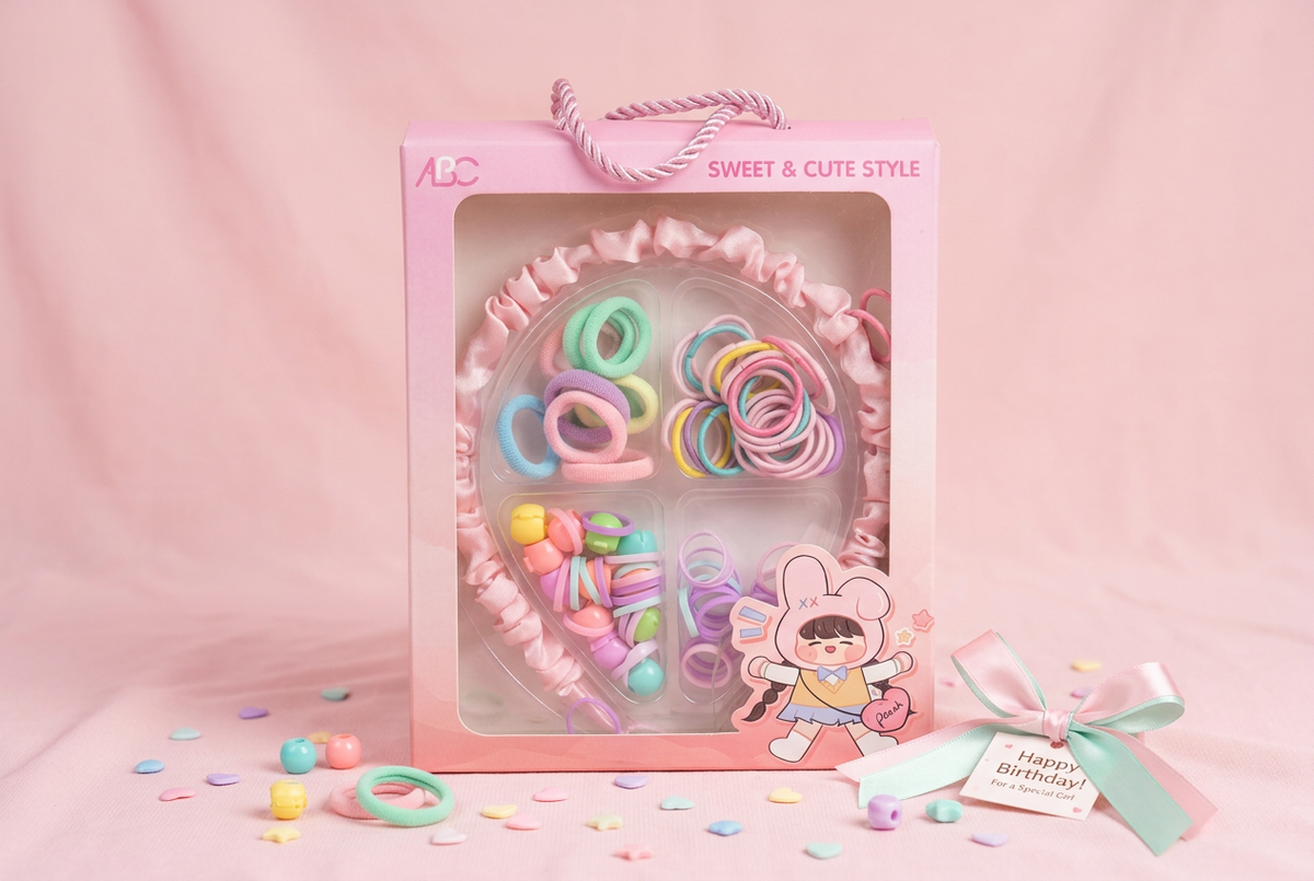 Kids colorful hair accessories close up in pink gift bag