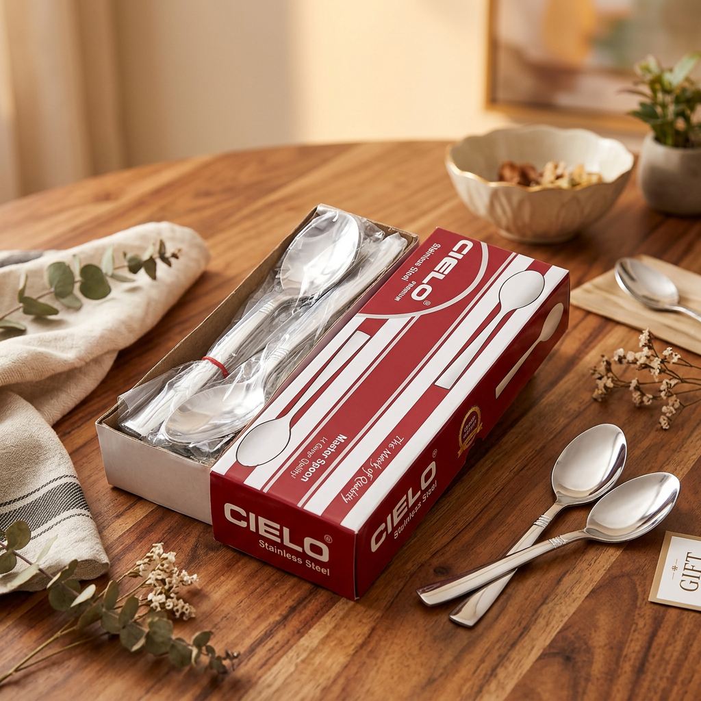 Cielo spoon box packaging on wooden dining table