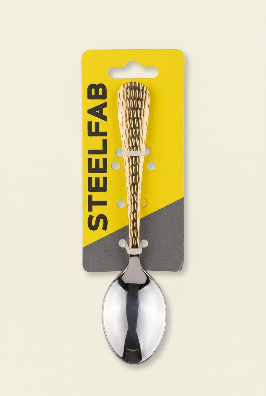 AI-enhanced packaging illustration of Steelfab gold-handled tea spoon