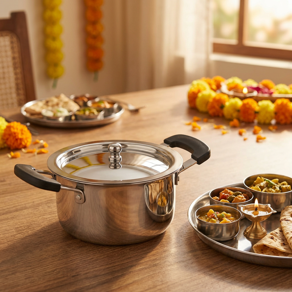 AI-generated festive dining illustration of Natraj silver casserole