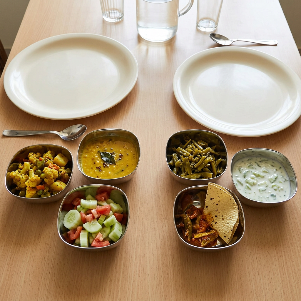 AI illustration: square bowls everyday dining, props excluded