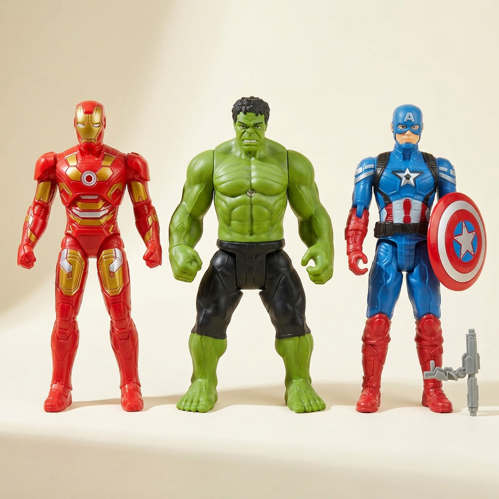 AI illustration: conceptual unboxed three-figure lineup based on packaging photo