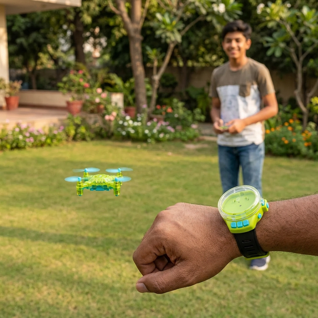 AI-generated illustrative family hobby scene featuring mini drone and wrist controller