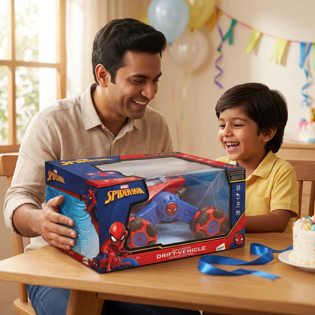 AI-generated Spider-Man RC car birthday gifting illustration