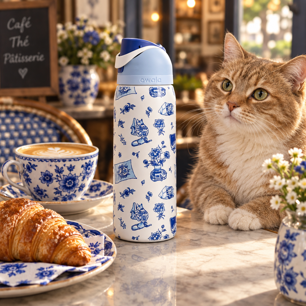 Owala Water Bottle – Delft Cat Edition – cafe lifestyle