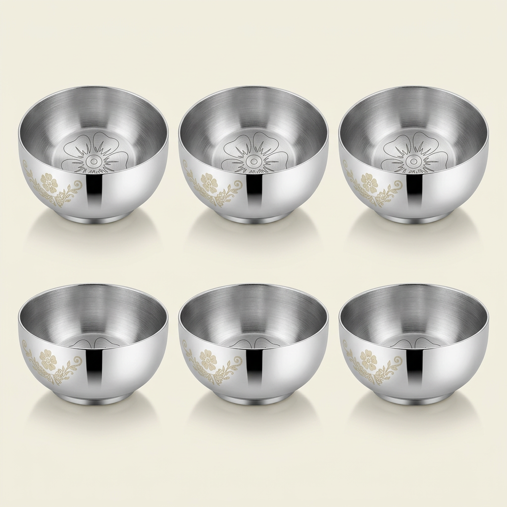 AI illustration: six smooth-rim floral bowls studio view