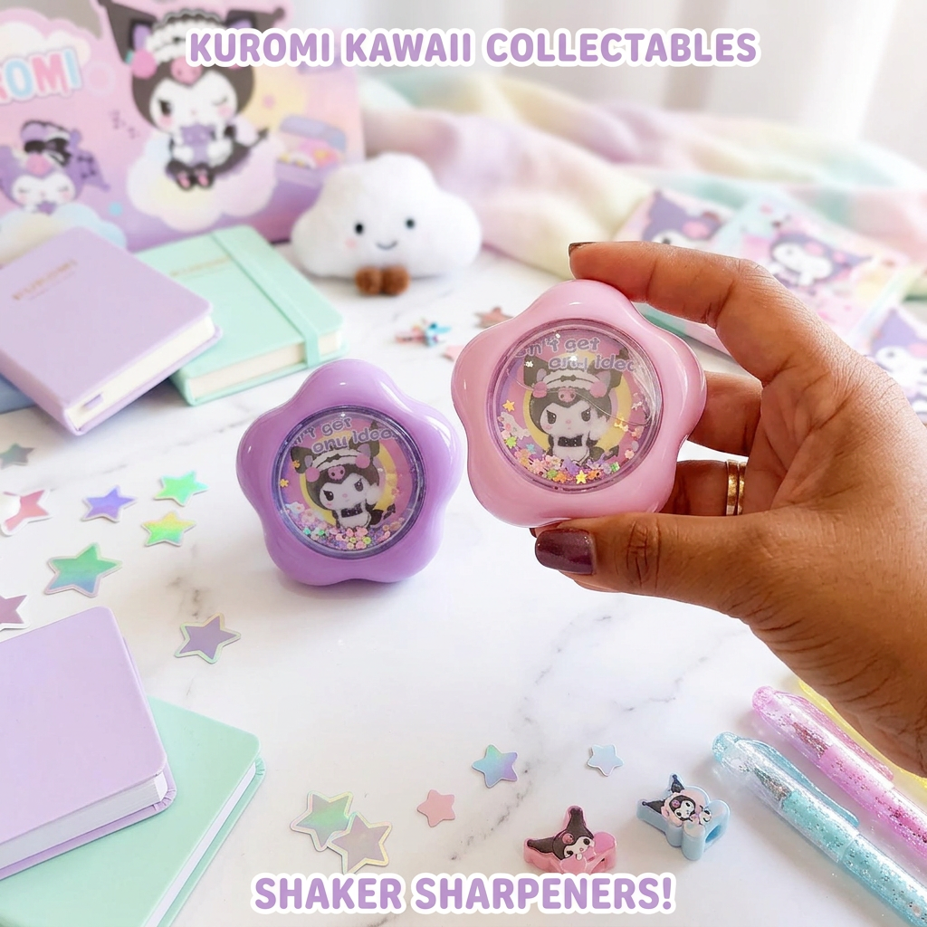 Kuromi sharpener set pink and purple on marble surface