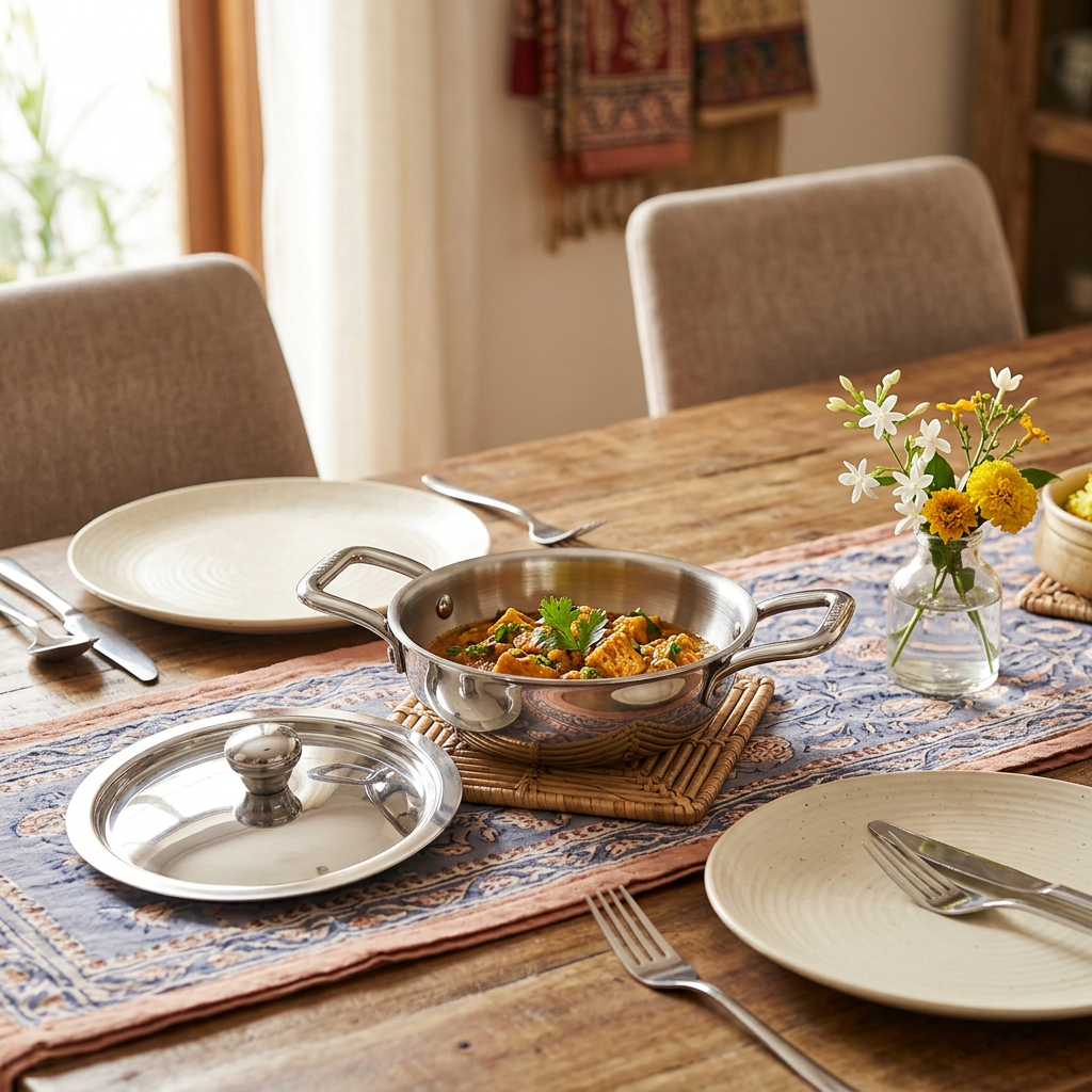 AI illustration: kadhai hosting scene, props excluded