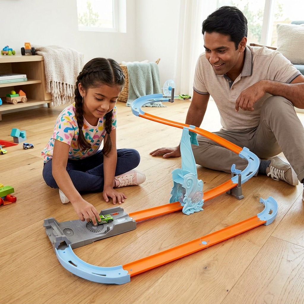 AI-generated parent-and-child Air Drop track play scene