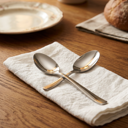 Single Cielo stainless steel spoon close-up on linen napkin