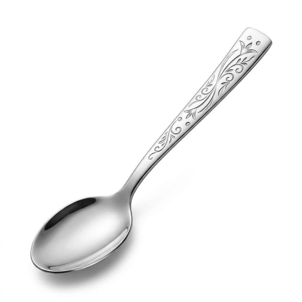 Single floral engraved spoon on white background