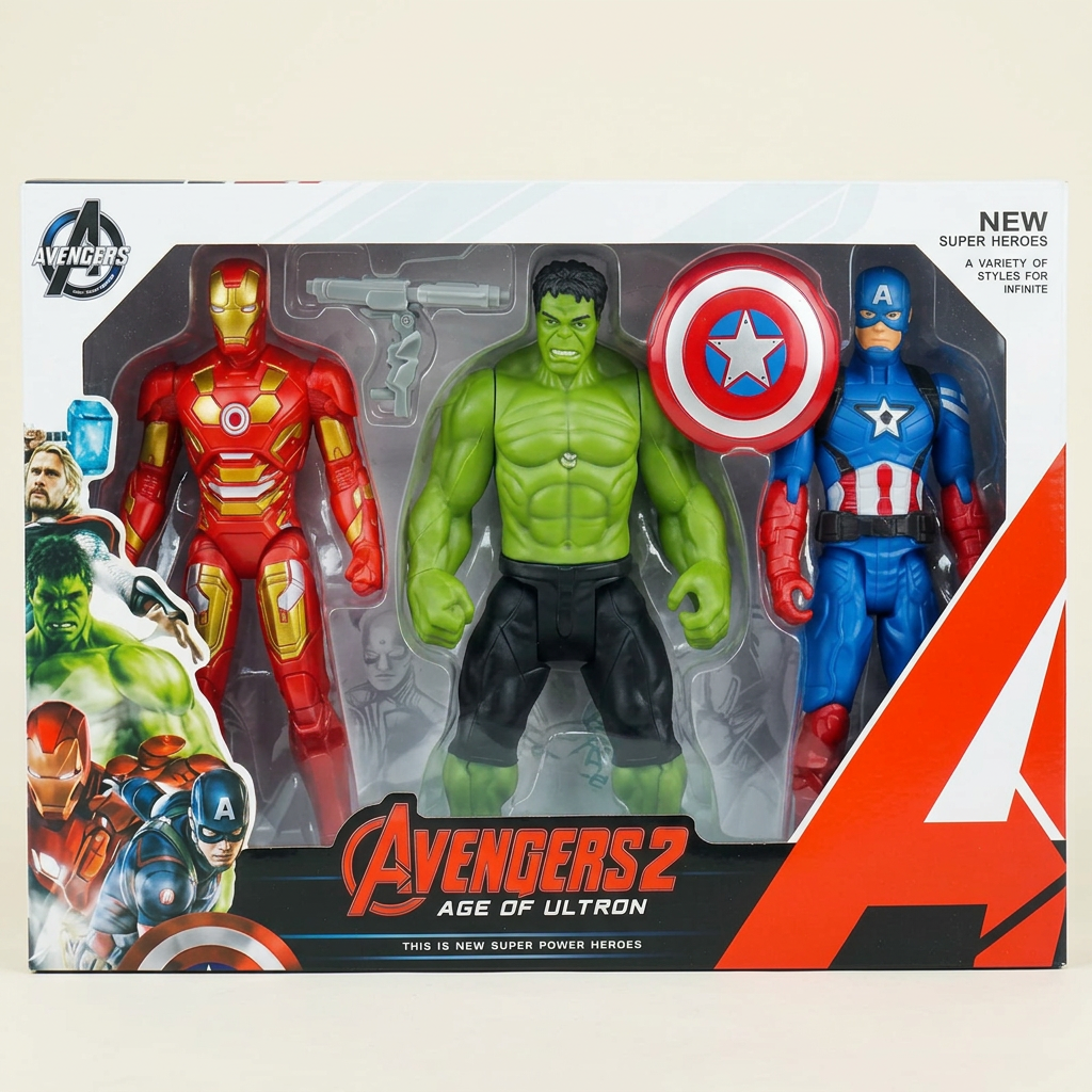 AI illustration: three-figure superhero set boxed studio view