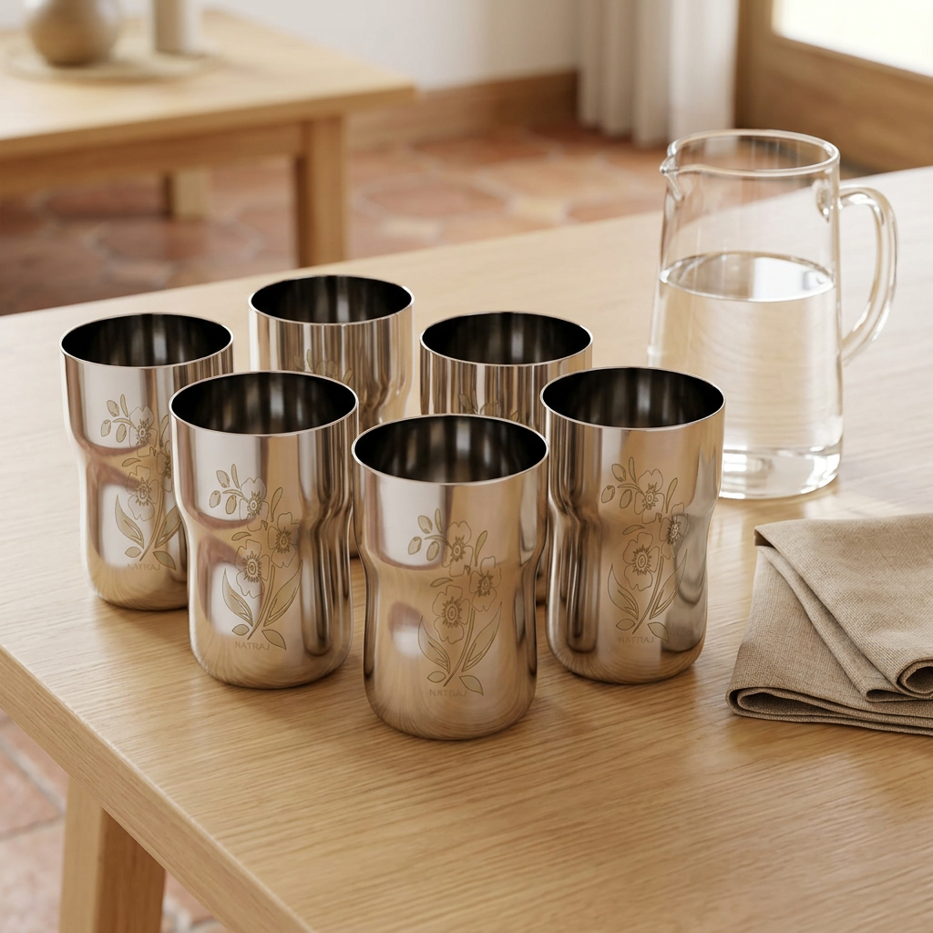 AI illustration: six floral tumblers in everyday dining scene, props excluded