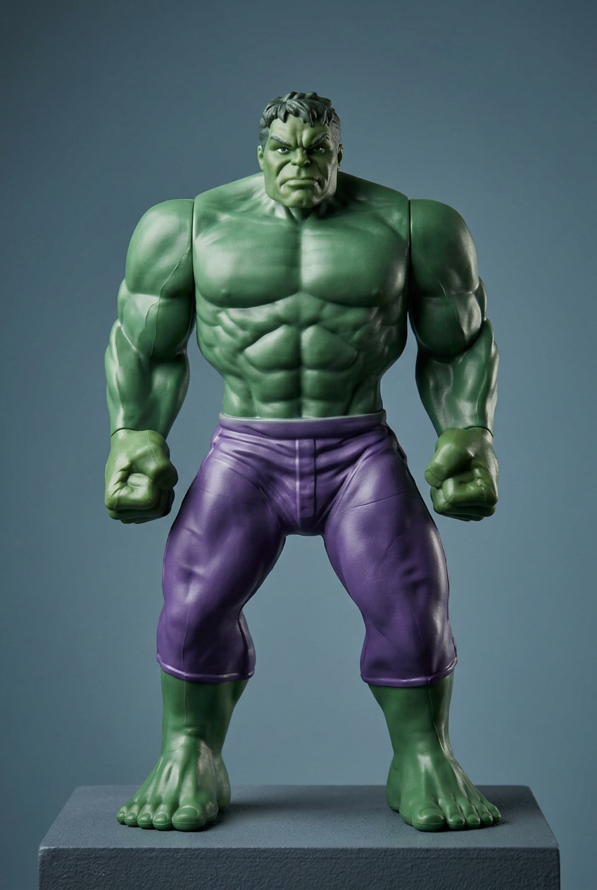 Hulk action figure on a charcoal display stand