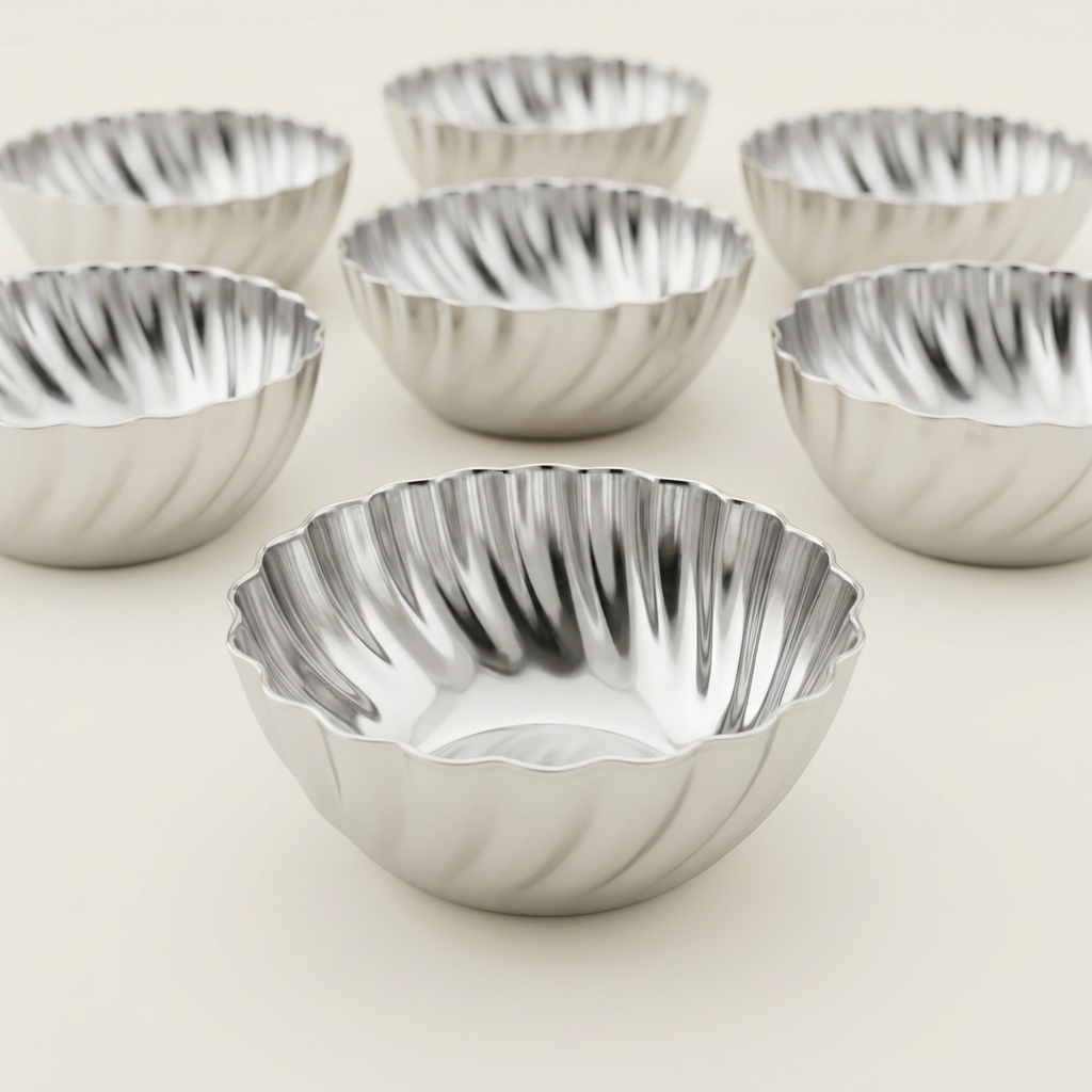 AI illustration: scalloped fluted bowl detail with six-piece set