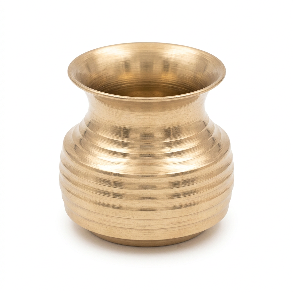 AI-generated studio view of horizontal-ridged gold-tone lota.