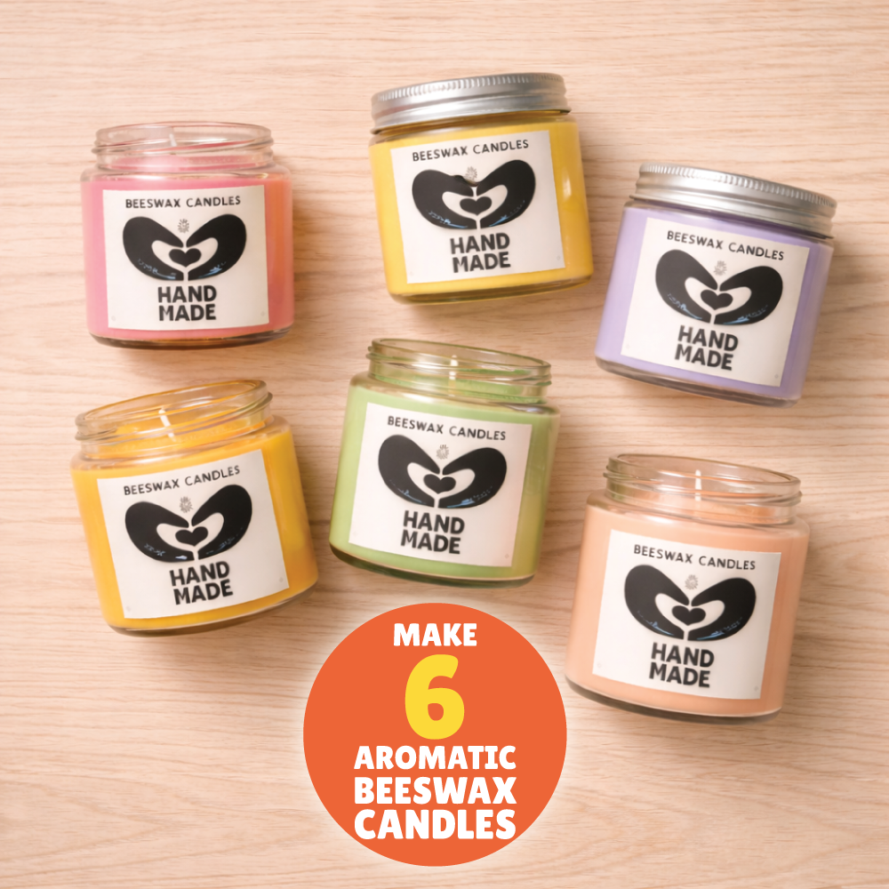 Six colourful scented jar candles made with the Kalakaram beeswax candle kit