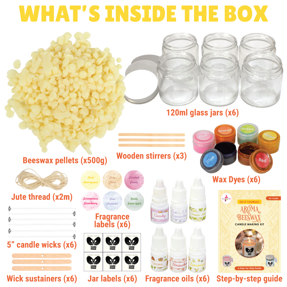 Kalakaram candle kit contents with beeswax, glass jars, wicks, dyes and fragrance oils