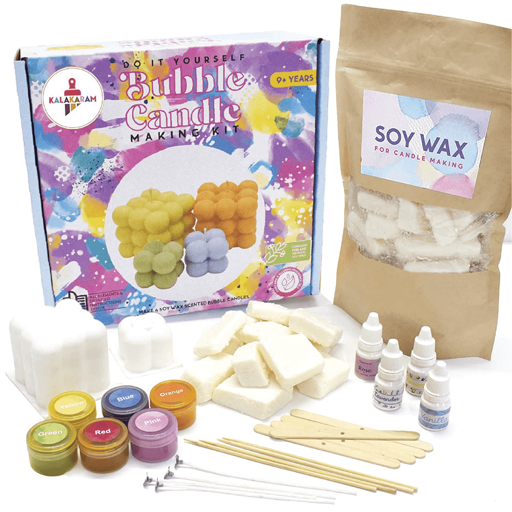 Kalakaram bubble candle kit with soy wax, silicone moulds, colours and fragrance bottles