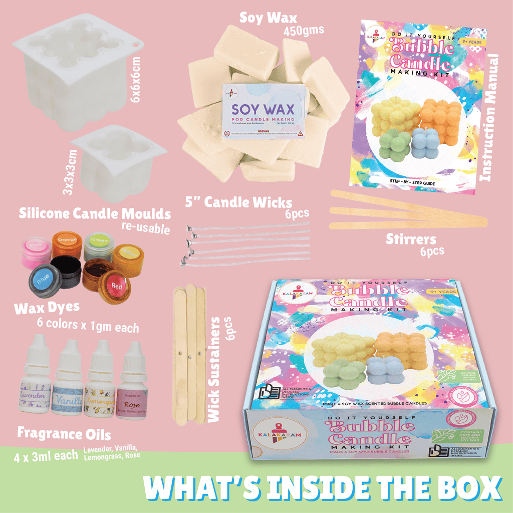 Contents of the Kalakaram bubble candle kit showing moulds, soy wax, wicks and tools