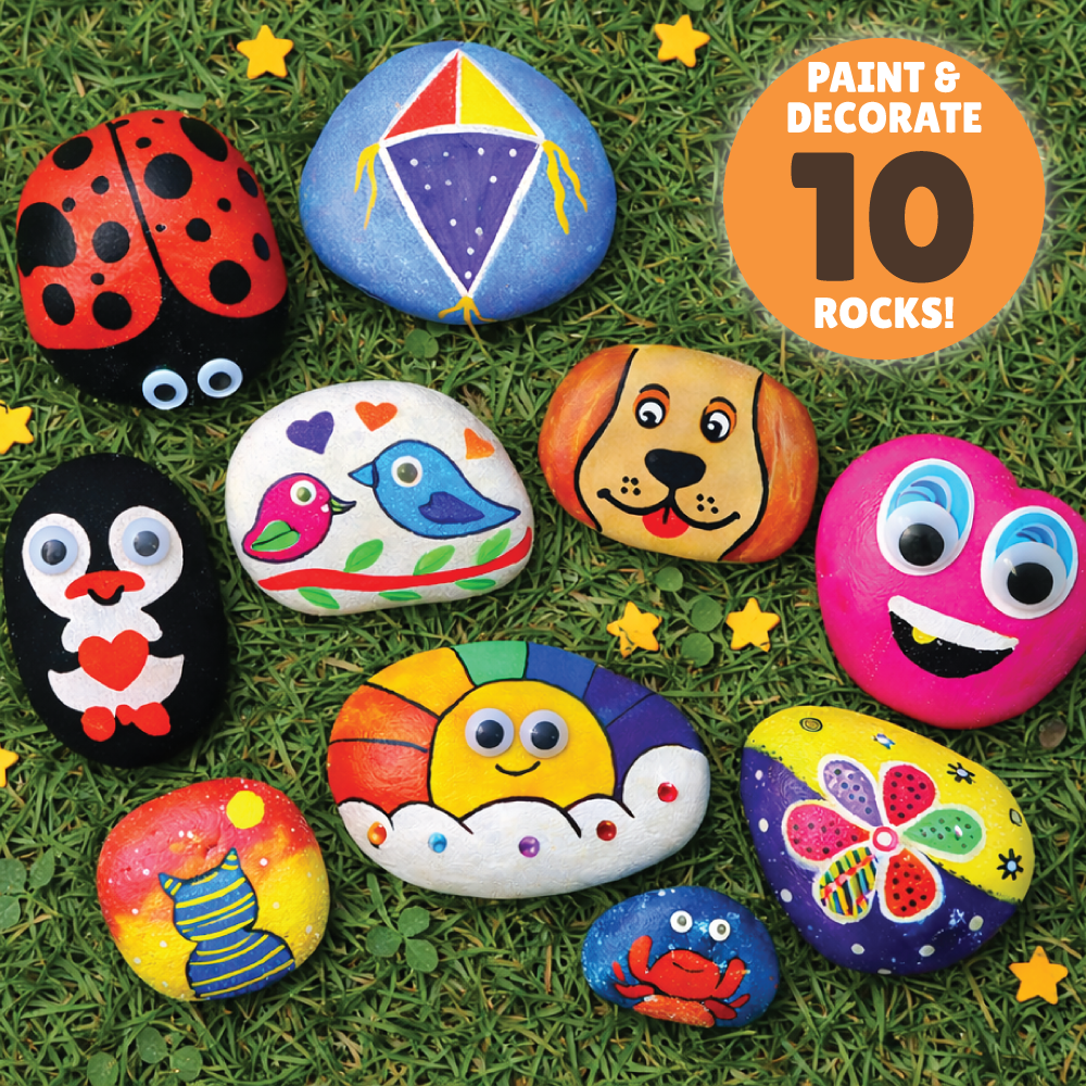 Colourful rocks painted as animals, patterns and cartoon characters using the Kalakaram kit