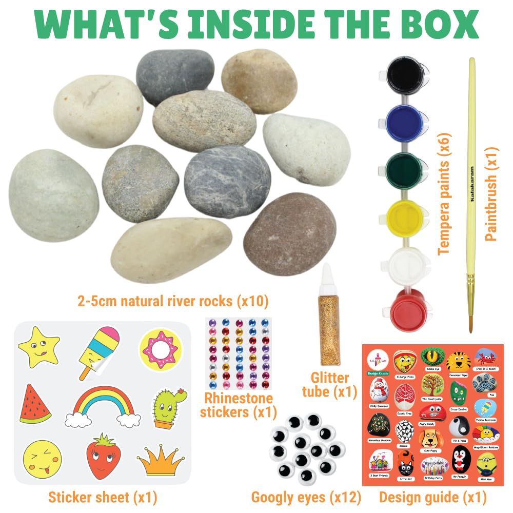Kalakaram rock painting kit contents with stones, paints, stickers, googly eyes and a design guide