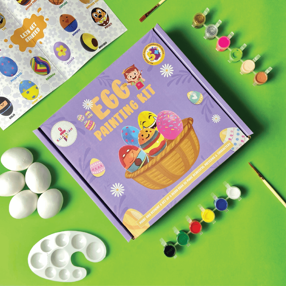Kalakaram Egg Painting Kit box with wooden eggs, colourful paints and a palette