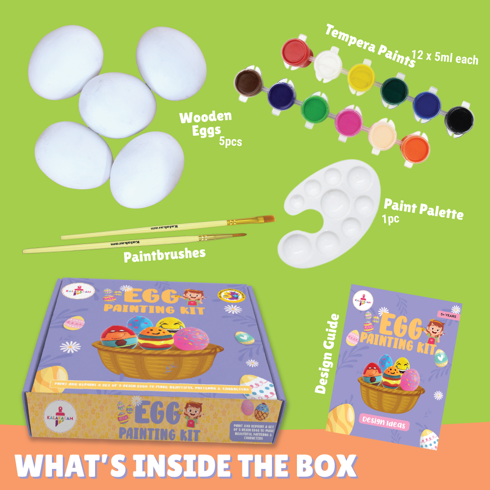 Kalakaram egg painting kit contents with wooden eggs, tempera paints, brushes and palette