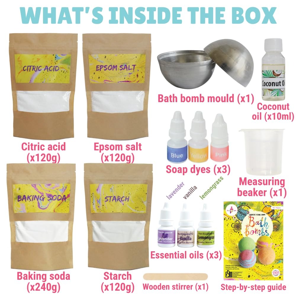 Kalakaram bath bomb kit ingredients, metal mould, dyes, oils and instruction guide