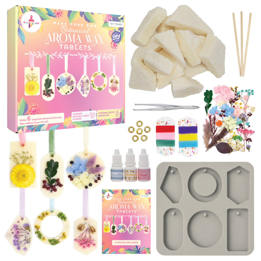 Kalakaram wax tablet kit with wax, silicone mould, dried flowers and fragrances