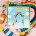Kalakaram Macrame Rainbow Kit box with colourful yarn and a finished rainbow hanging