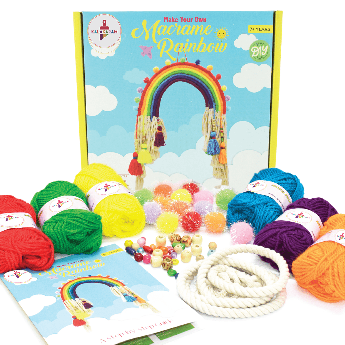 Kalakaram macrame kit with coloured yarn, cotton cord and rainbow craft guide