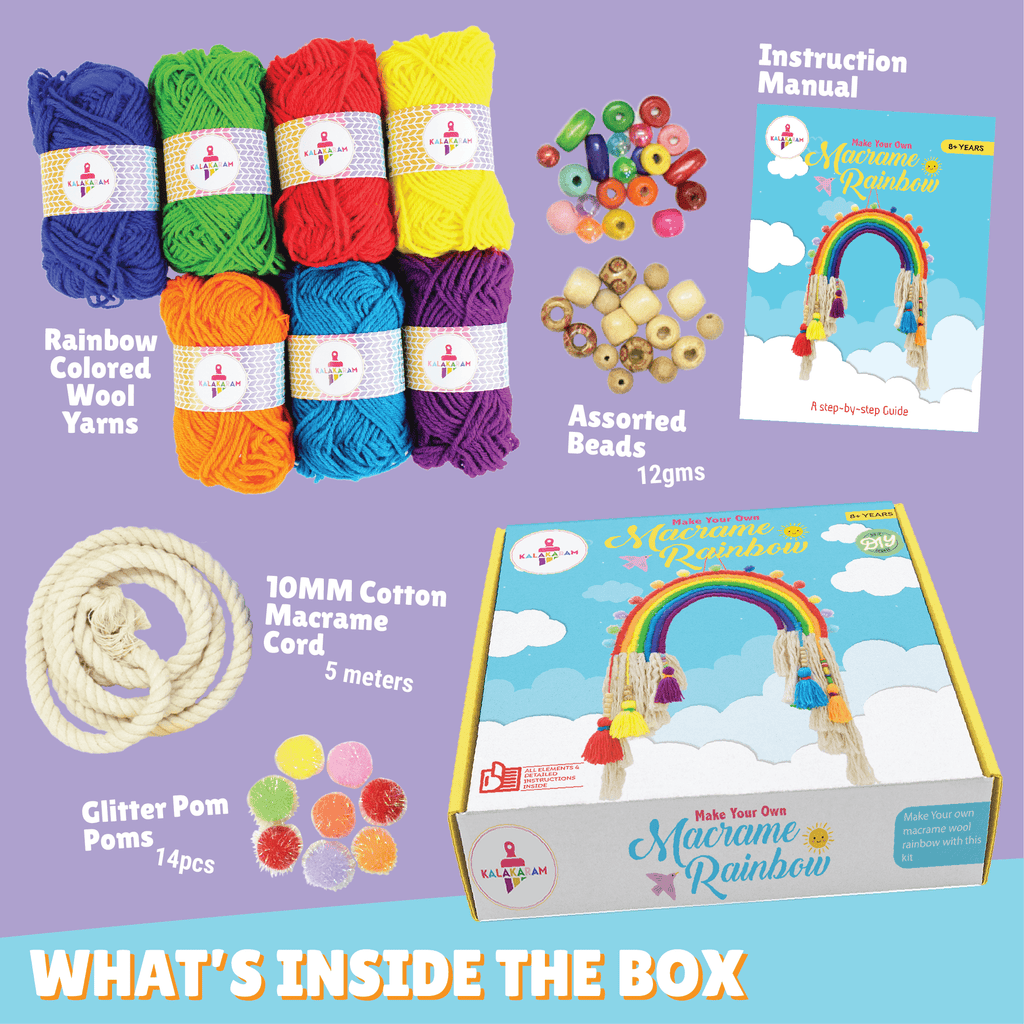 Macrame rainbow kit contents including yarn, cotton cord, beads and pom-poms