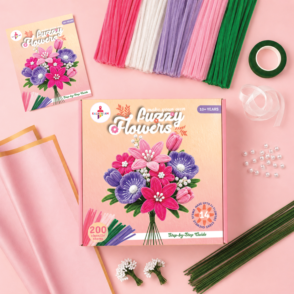 Kalakaram Fuzzy Flower Making Kit box with a colourful handmade pipe-cleaner bouquet
