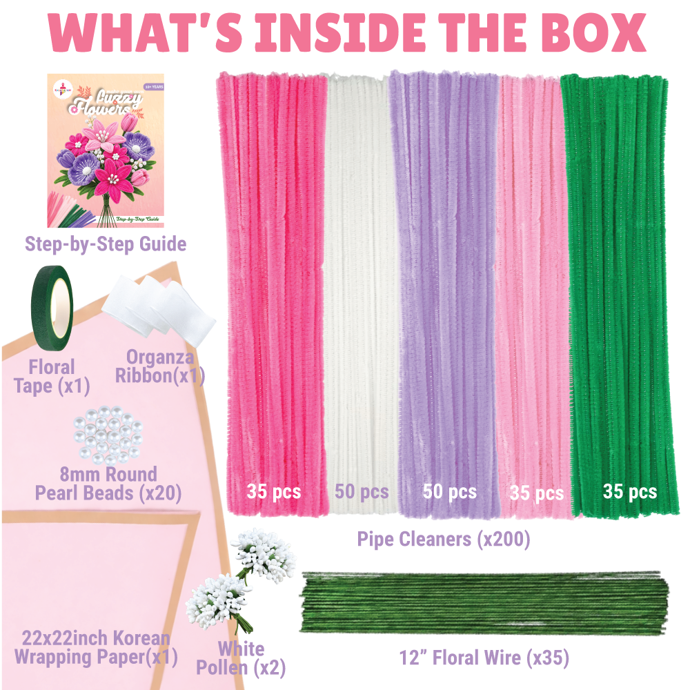 Kalakaram fuzzy flower kit contents with pipe cleaners, floral wire, tape and wrapping paper