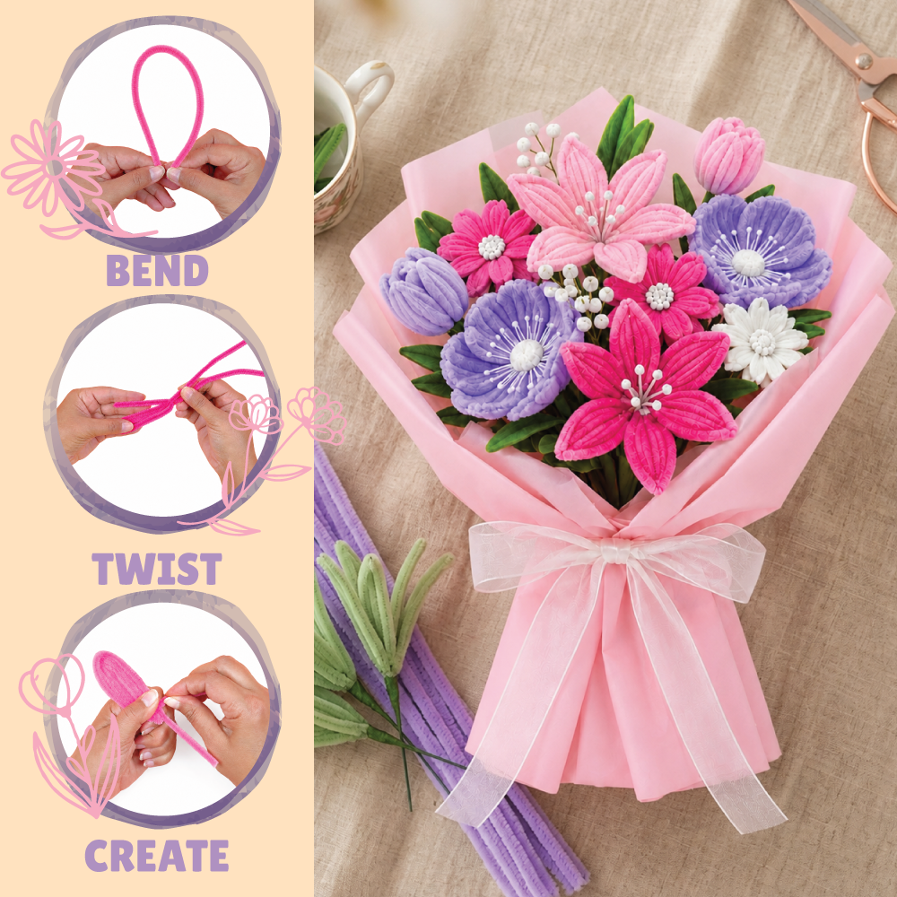 Bending and twisting pipe cleaners to create a bouquet with the Kalakaram fuzzy flower kit