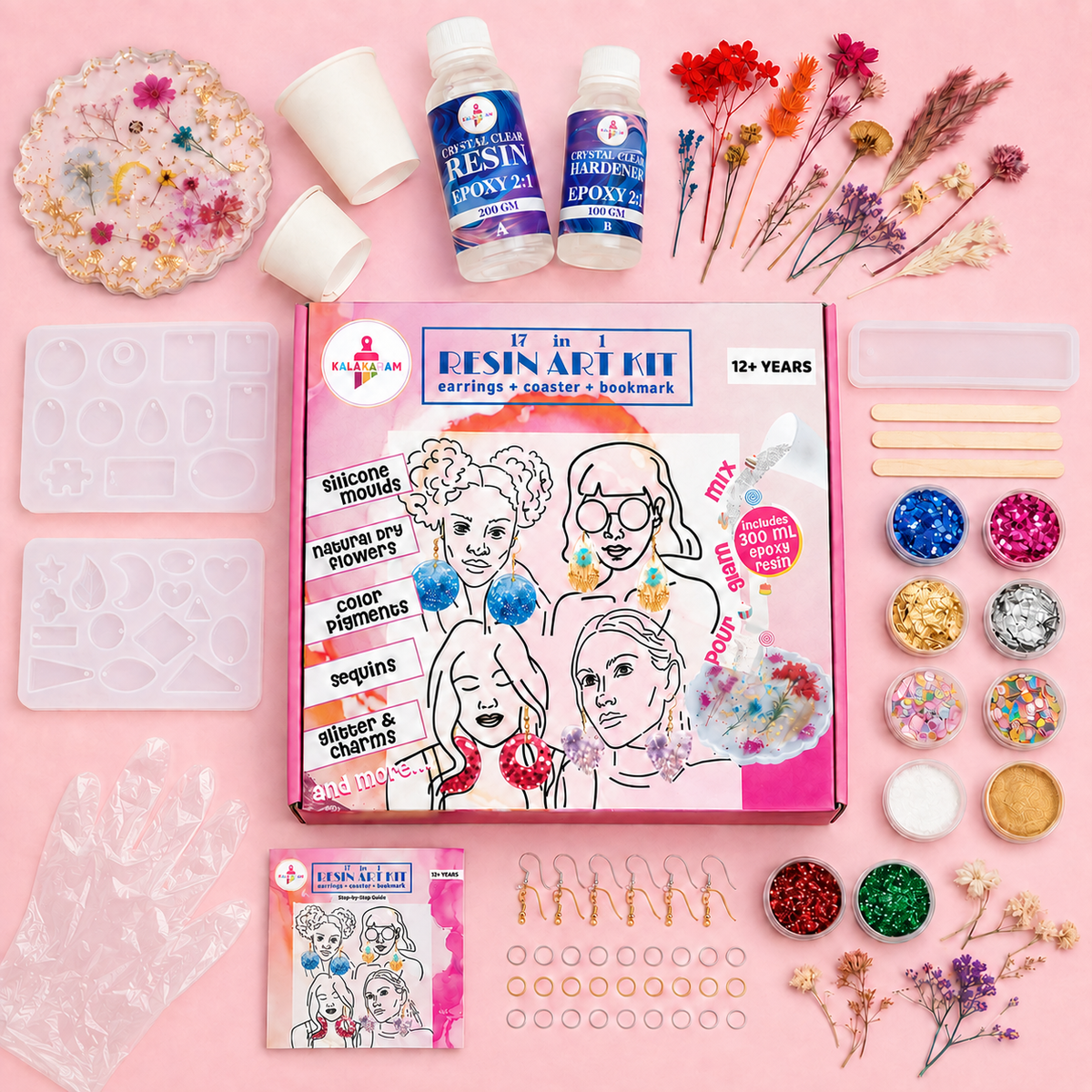 Kalakaram 17-in-1 resin jewellery kit with earring, bookmark and coaster moulds