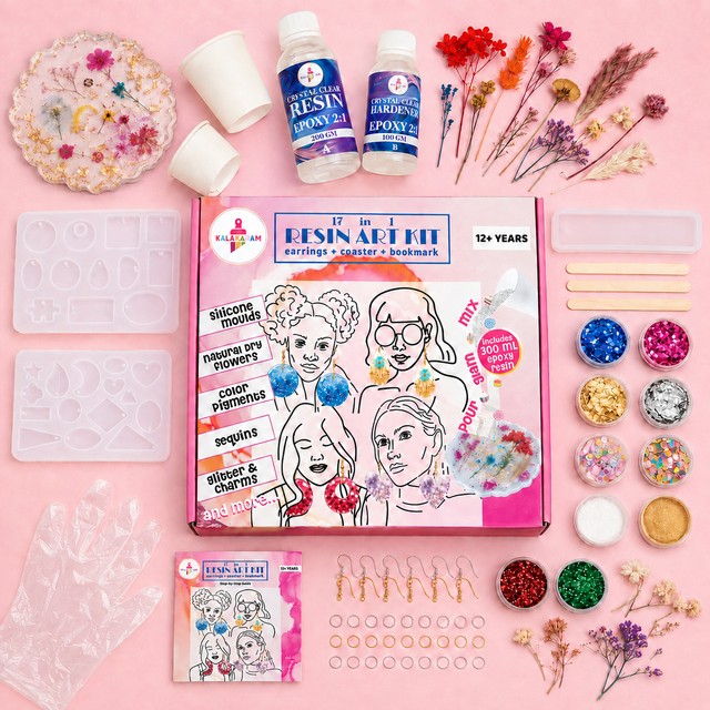 Kalakaram 17-in-1 resin jewellery kit with earring, bookmark and coaster moulds