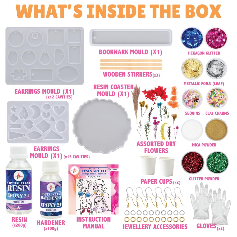Kalakaram resin jewellery kit contents with moulds, resin, hardener and decorative supplies