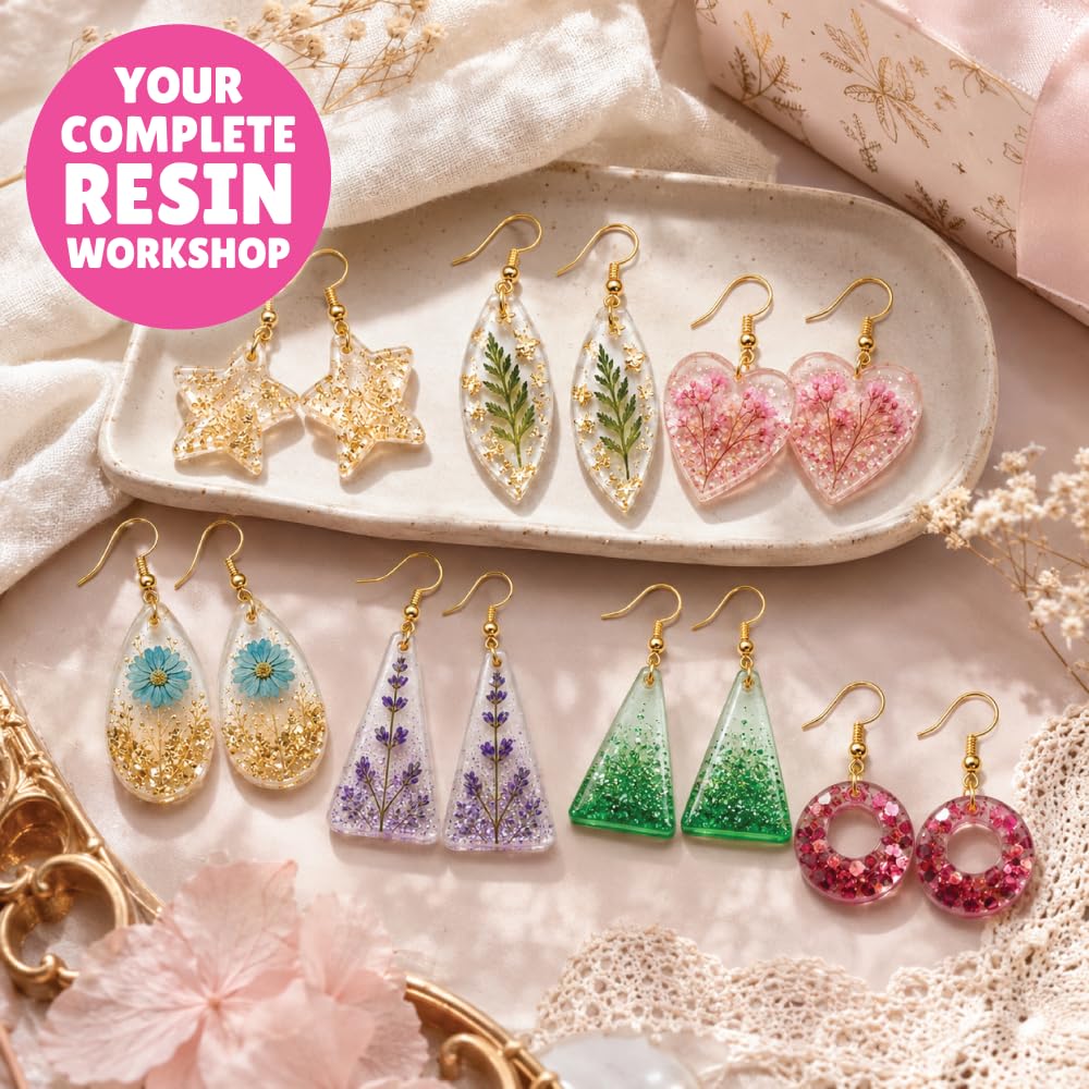 Handmade glitter and floral resin earrings created with the Kalakaram jewellery kit