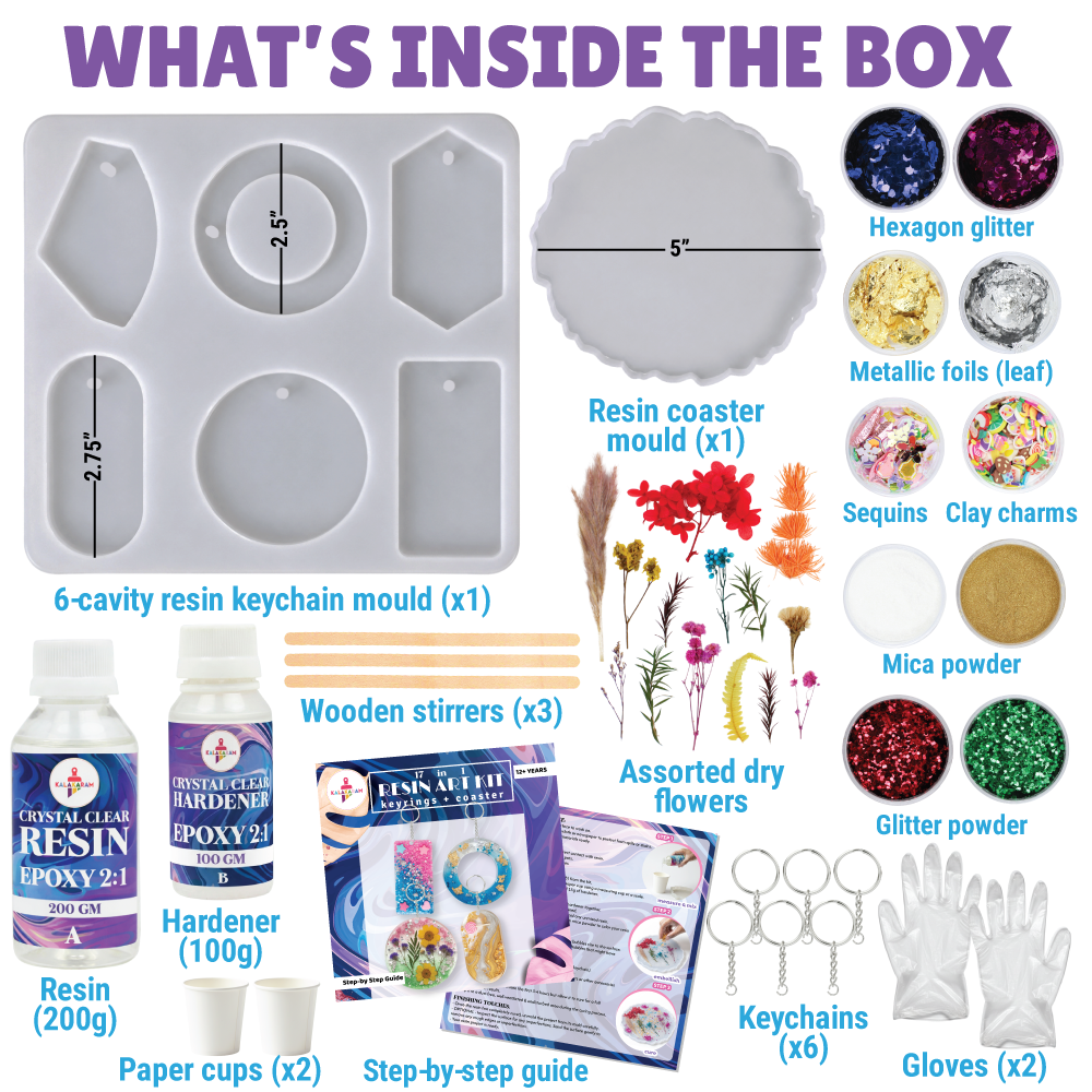 Kalakaram resin kit contents with keychain mould, coaster mould, resin, hardener and tools