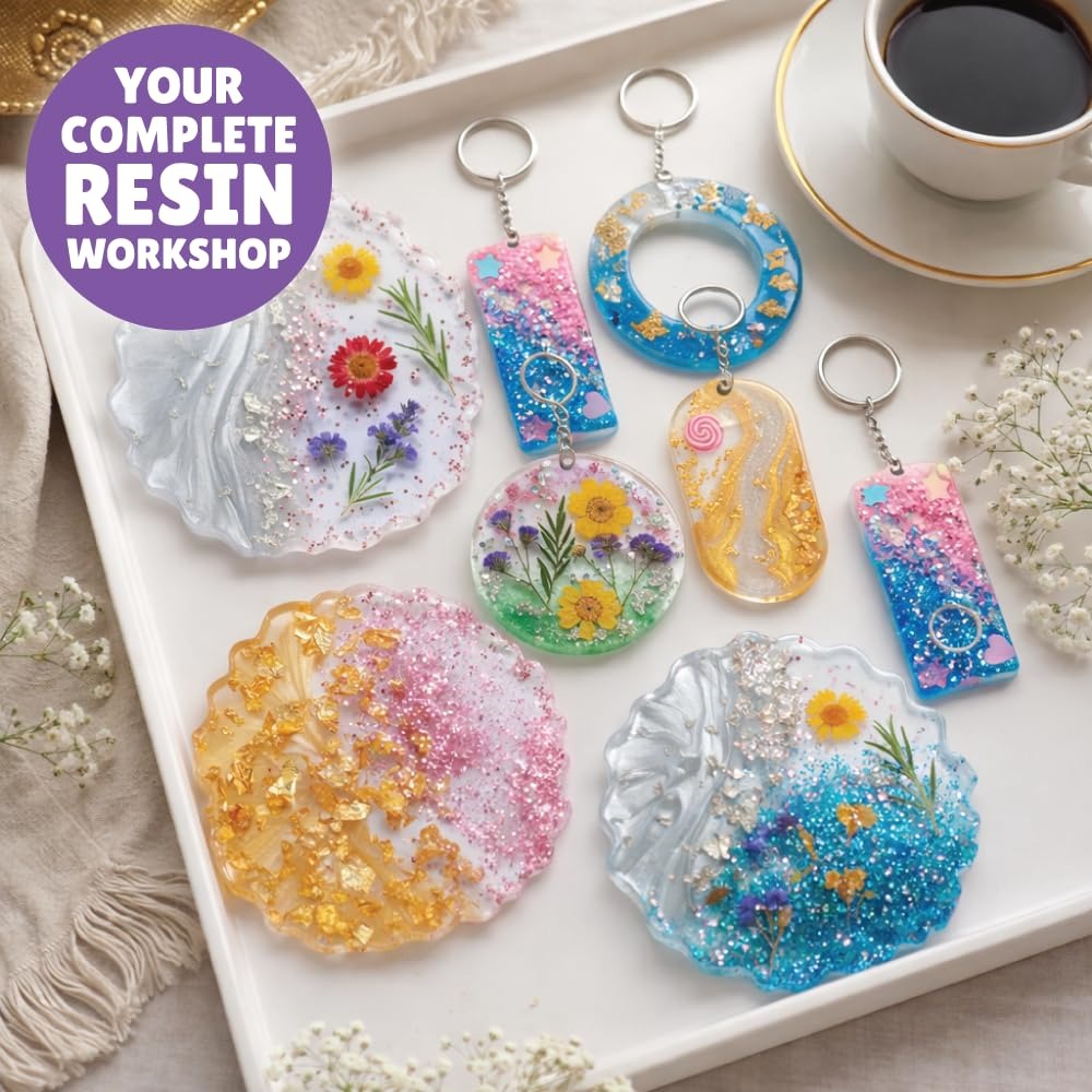 Handmade floral resin keychains and colourful coasters from the Kalakaram resin art kit