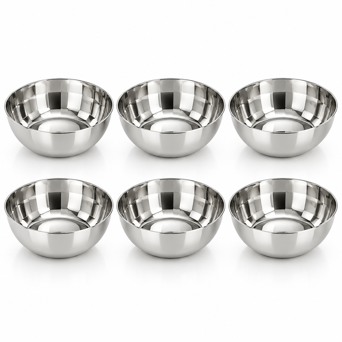 Natraj stainless steel katori pack of 6 — six-piece studio view (AI-styled)