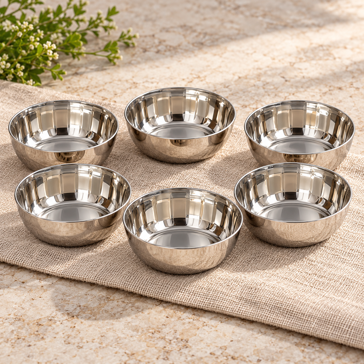 Natraj stainless steel katori pack of 6 — six-piece table arrangement (AI-styled)