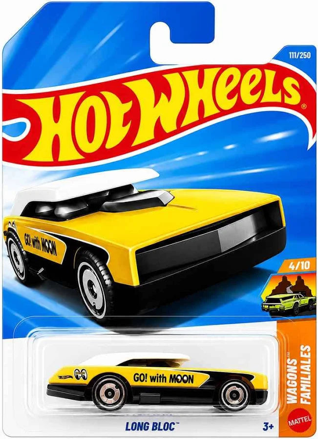 Hot Wheels Long Bloc Wagons Familiales 4/10 Yellow GO with MOON on card packaging