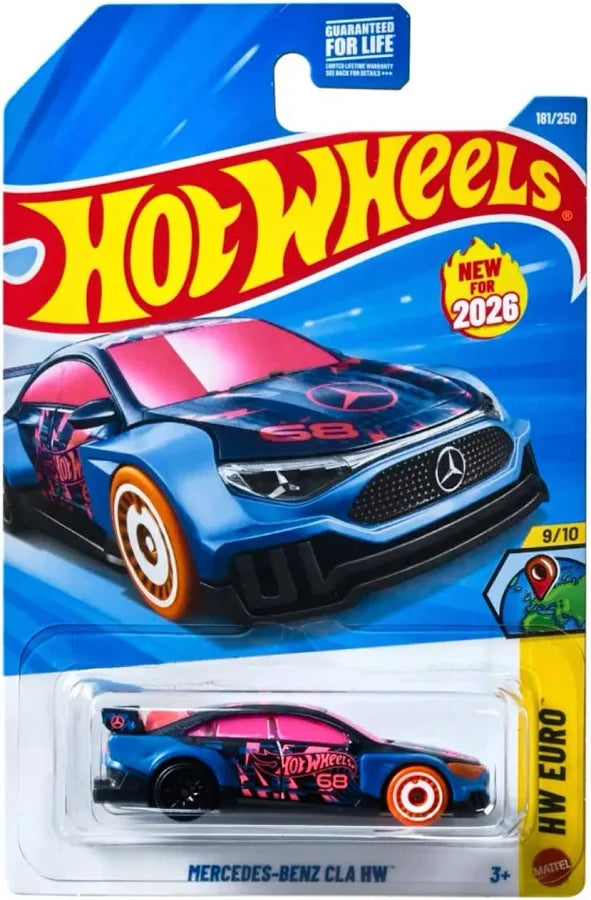 Hot Wheels Mercedes-Benz CLA HW 2026 HW Euro 9/10 on Guaranteed for Life card packaging