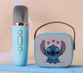 Turquoise Stitch karaoke speaker with hearts print, brown carry handle and silver microphone