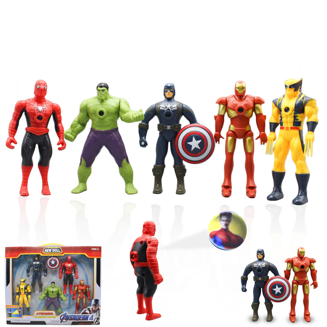 Superhero figure set 8892B - character lineup, packaging and projector detail