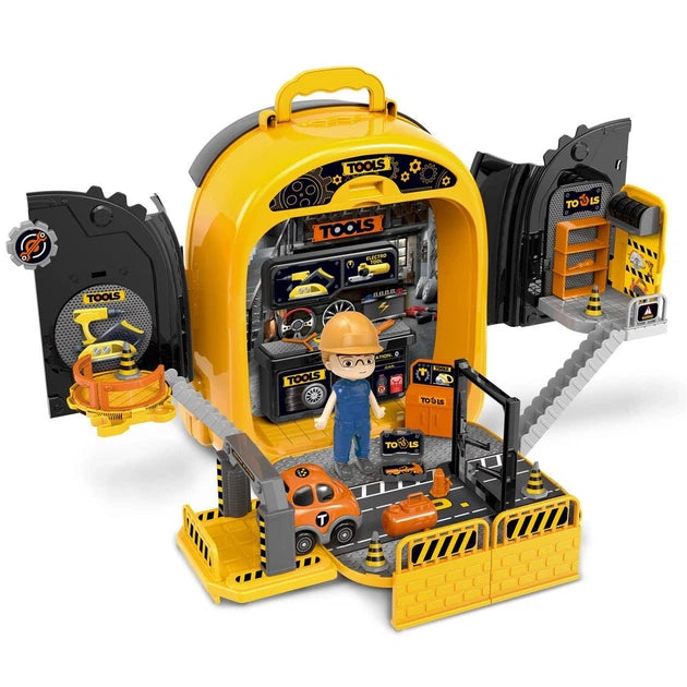 3-in-1 Tool Workshop Backpack Playset 008-992 - open toy garage